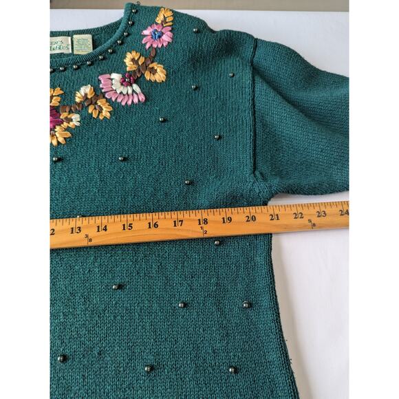 VTG Grandma Sweater Colleens Collectables Size L Green Floral Embroidered Beaded - Picture 7 of 8